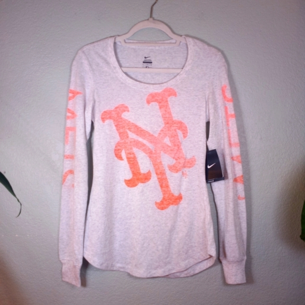 Nike MLB NY Mets White Heat Orange Logo Long Sleeve Scoop Neck Comfy NWT T Shirt